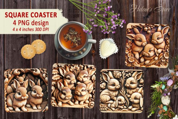 Download Wood Art Rabbit Family Square Coaster - Wood art Collection